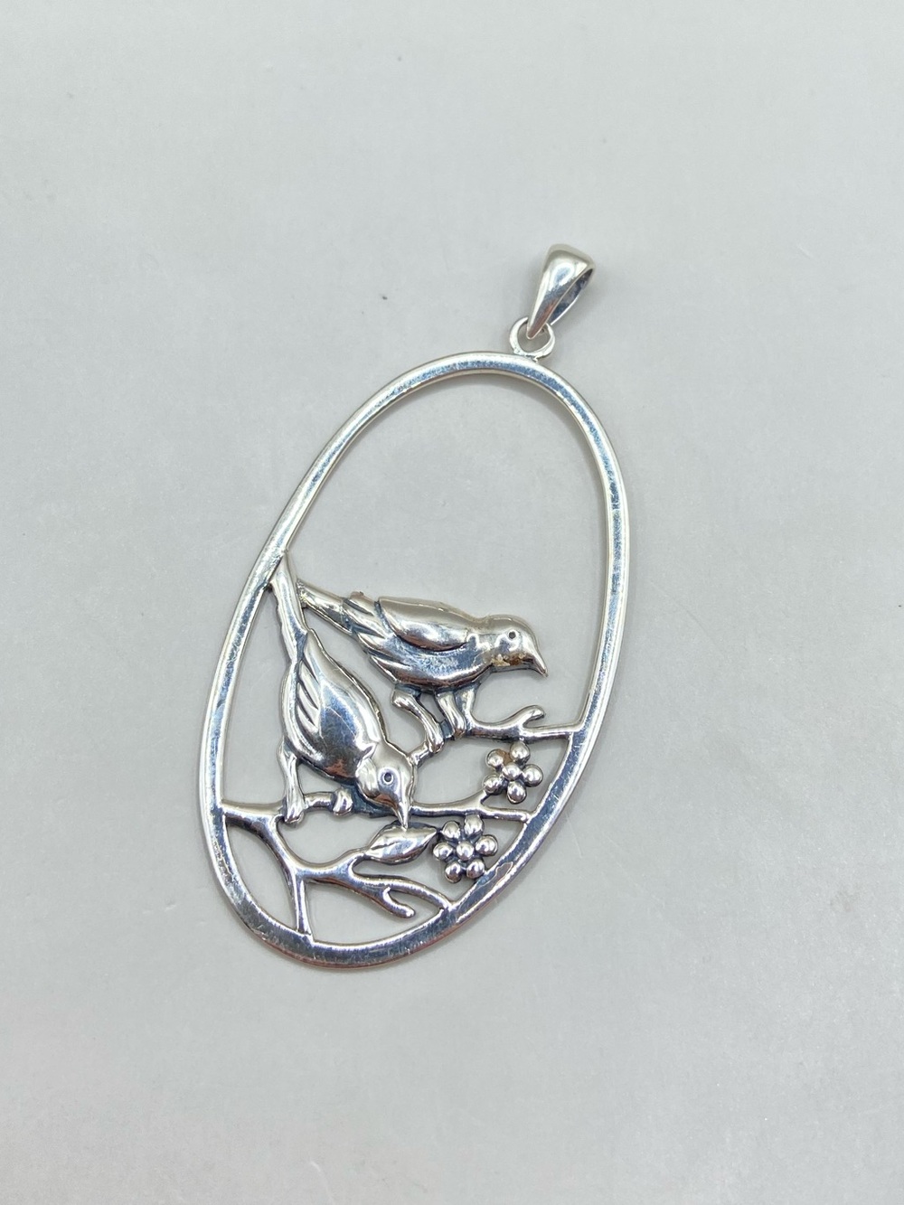 Sterling Silver Oval Bird Flower Pendant